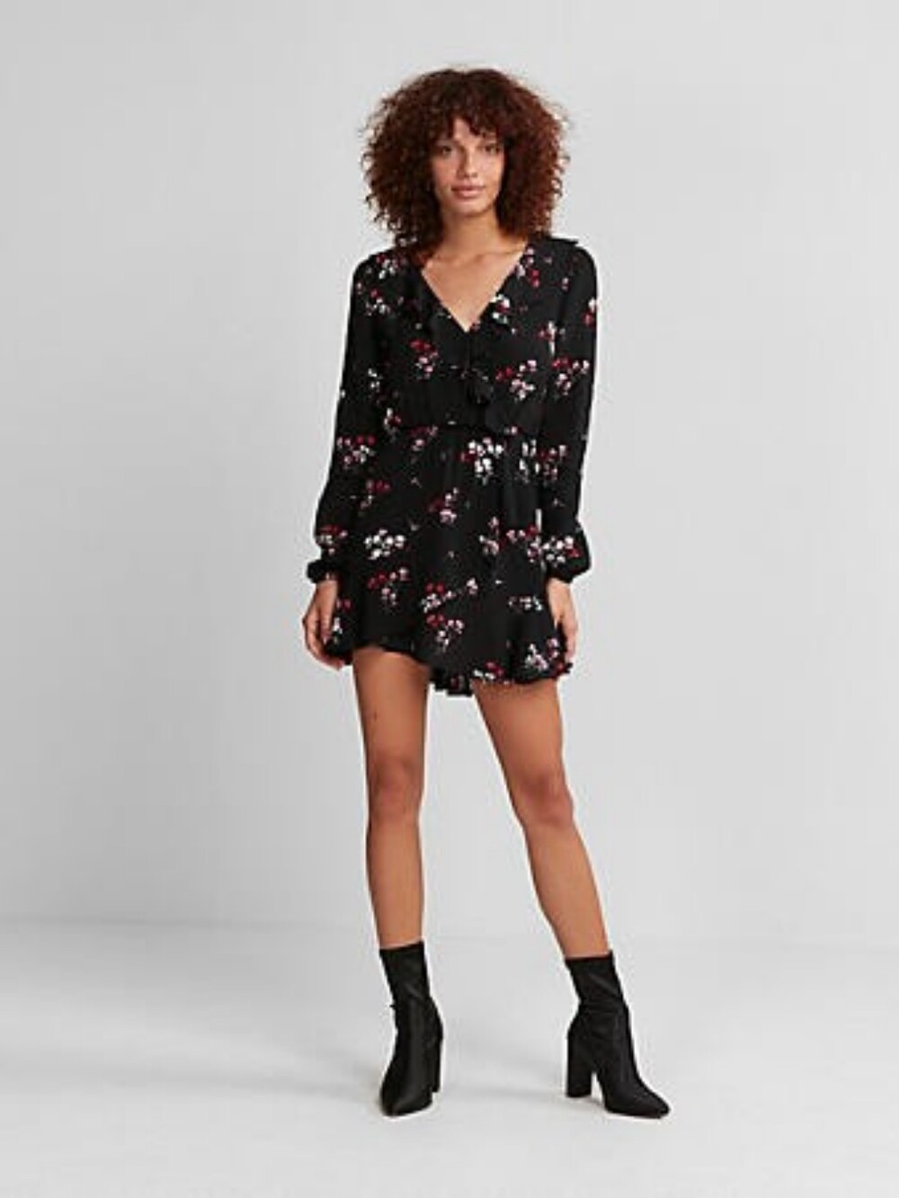 Express Black Floral Long-Sleeve Dress, XL